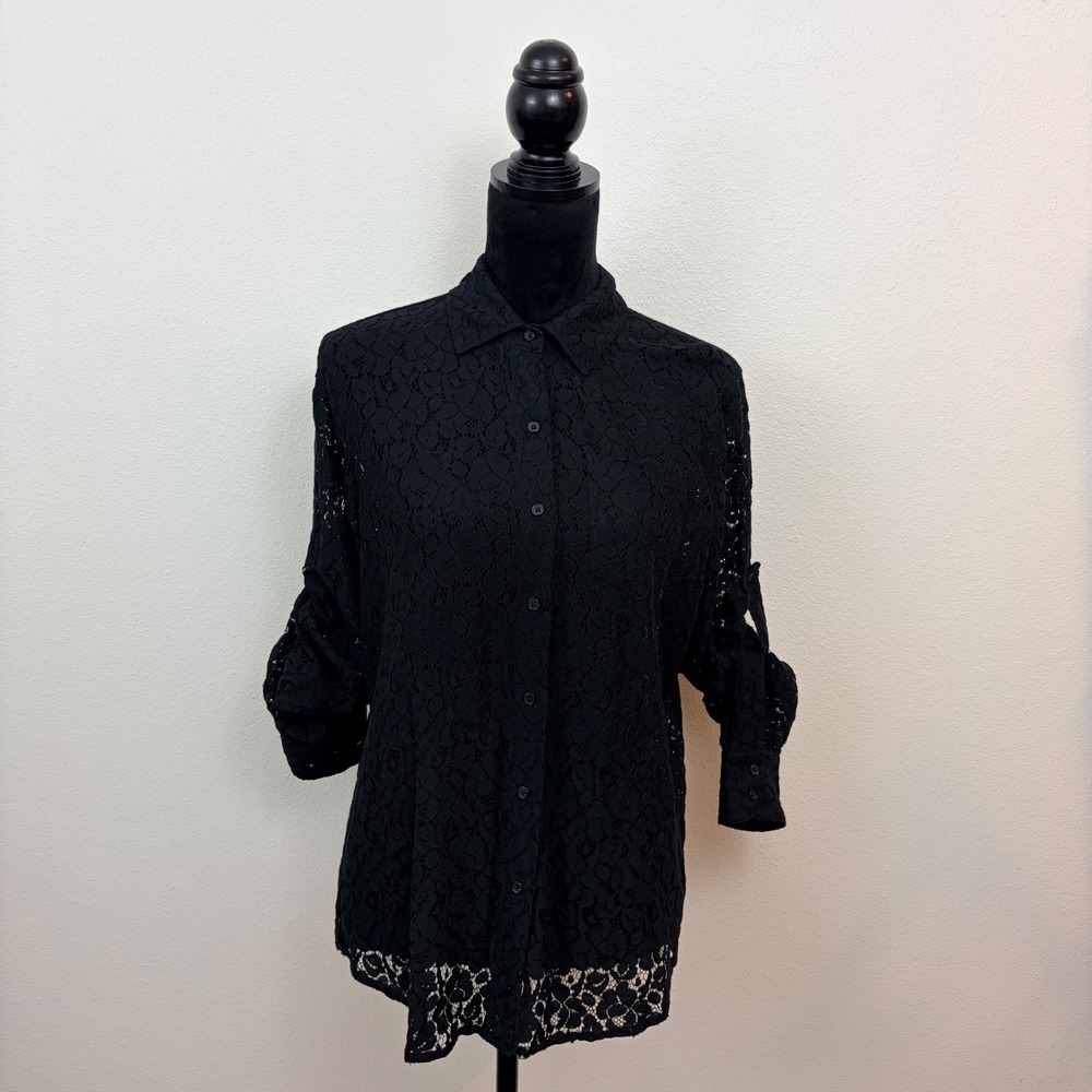 Calvin Klein Black Floral Lace Button Down Roll Tab Sleeve Blouse Shirt Womens
